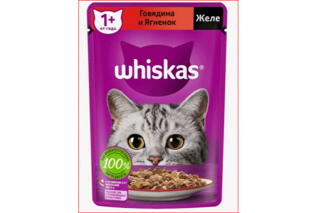 Корм д/кошек WHISKAS 75гр Желе Говядина/ягненок 1/28шт