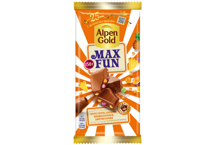 Шоколад ALPEN GOLD MAX FUN 140гр Манго/ананас/маракуйя/взрывная карамель 1/16шт