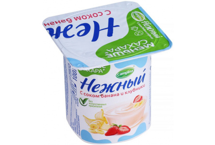 Продукт йогуртный НЕЖНЫЙ 100гр 1,2% с соком банан/клубника 1/24шт Продукт без заменителя молочного ж