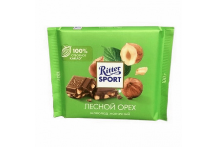 Шоколад молочный RITTER SPORT 100гр Дробленый лесной орех 1/12шт