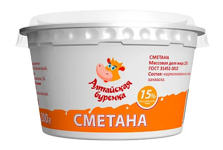 Сметана АЛТАЙСКАЯ БУРЕНКА 200гр 15% 1/44шт Продукт без заменителя молочного жира