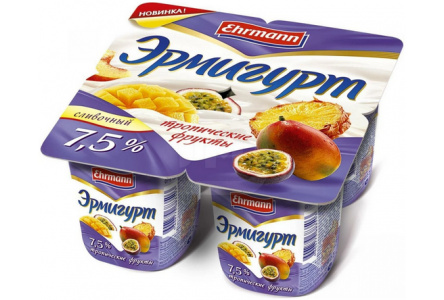 Продукт йогуртный ЭРМИГУРТ 100гр 7,5% Тропические фрукты 1/24шт Продукт без заменителя молочного жир