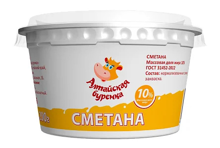 Сметана АЛТАЙСКАЯ БУРЕНКА 200гр 10% 1/44шт Продукт без заменителя молочного жира