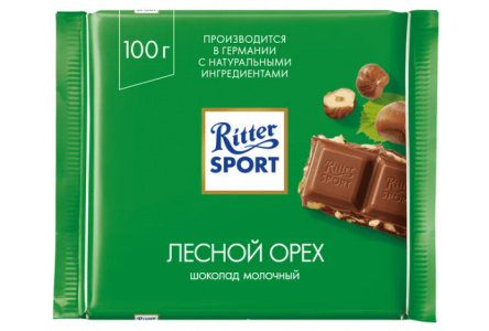 Шоколад молочный RITTER SPORT 100гр Цельный лесн орех 1/12шт