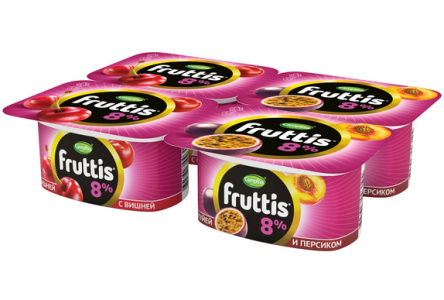 Продукт йогуртный FRUTTIS 115гр 8% Суперэкстра Персик/маракуйя/вишня 1/16шт Продукт без заменителя м