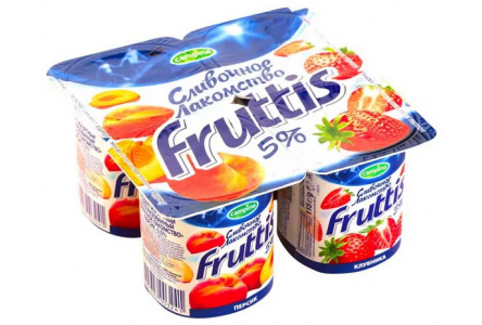 Продукт йогуртный FRUTTIS 115гр 5% Сливочное лакомство клубника/персик 1/24шт Продукт без заменителя