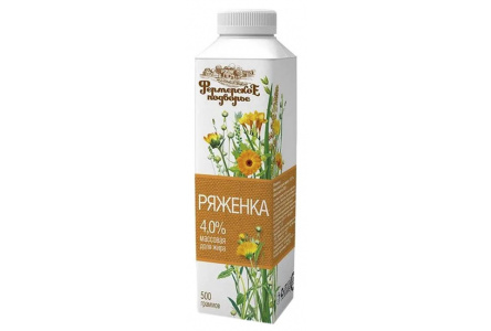 Ряженка ФЕРМЕРСКОЕ ПОДВОРЬЕ 500мл 4% т/п 1/6шт Продукт без заменителя молочного жира