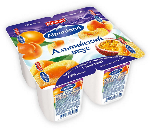 Продукт йогуртный ALPENLAND 95гр 7,5% Абрикос/персик/маракуя 1/24шт Продукт без заменителя молочного
