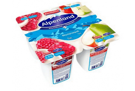 Продукт йогуртный ALPENLAND 95гр 2,5% Малина/яблоко/груша 1/24шт Продукт без заменителя молочного жи