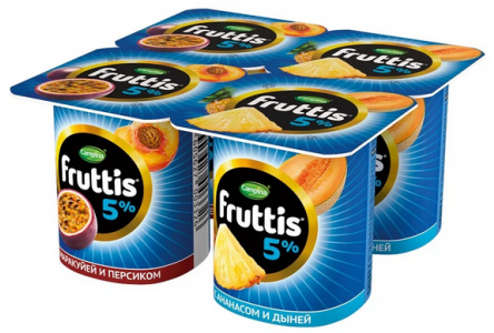 Продукт йогуртный FRUTTIS 115гр 5% Сливочное лакомство персик/маракуйя/ананас/дыня 1/24шт Продукт бе