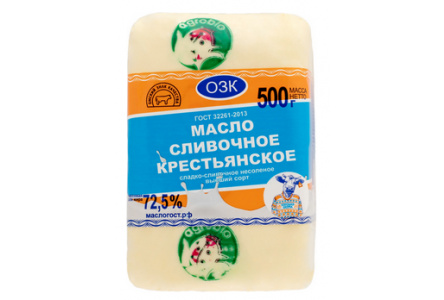 Масло сладко-сливочное Крестьянское 500гр Несоленое 72,5% 1/30шт ОЗК ГАУФ БЗМЖ