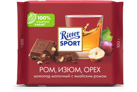 Шоколад молочный RITTER SPORT 100гр Ром/изюм/орех 1/12шт